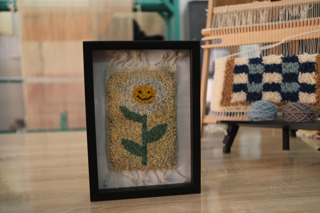 smiley flower rug, mini moroccan rug, hand-knotted wool art, cheerful wall textile, boho decor, framed flower rug, smiling face wool rug, 25x31 cm moroccan rug, kids room decor, handmade moroccan textile