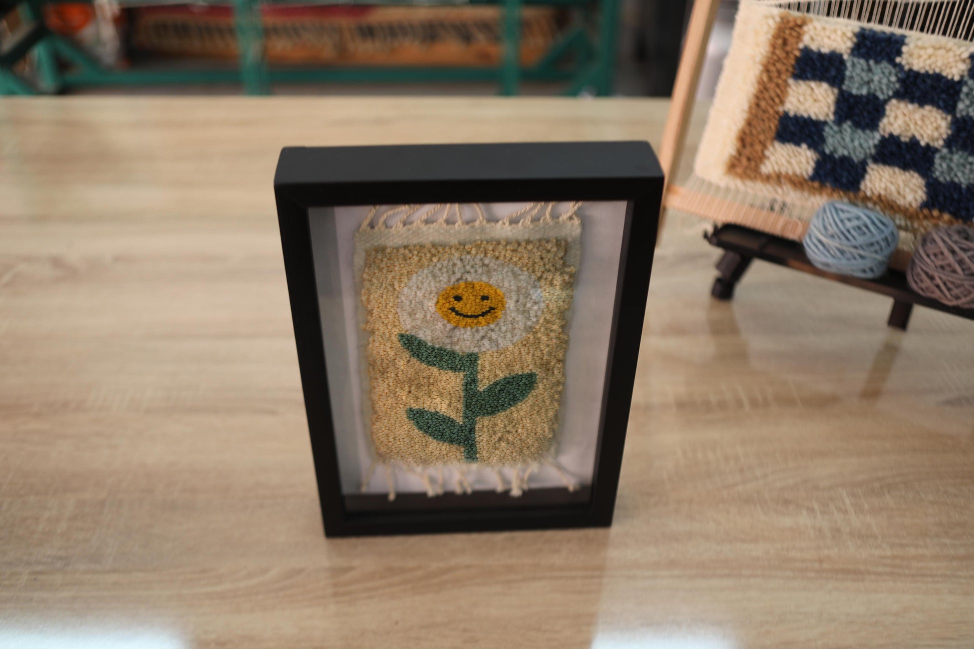 smiley flower rug, mini moroccan rug, hand-knotted wool art, cheerful wall textile, boho decor, framed flower rug, smiling face wool rug, 25x31 cm moroccan rug, kids room decor, handmade moroccan textile