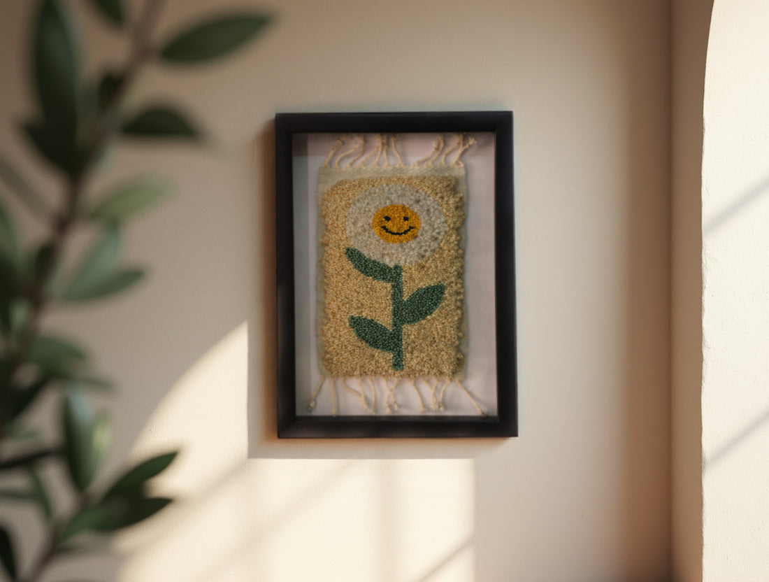 smiley flower rug, mini moroccan rug, hand-knotted wool art, cheerful wall textile, boho decor, framed flower rug, smiling face wool rug, 25x31 cm moroccan rug, kids room decor, handmade moroccan textile