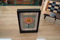 smiling flower rug, moroccan rug wall art, hand-knotted mini wool tapestry, happy flower textile decor, boho wall hanging, pink floral face rug, knot by knot moroccan rug, wool flower wall art, 25x31 cm framed rug, joyful flower textile art
