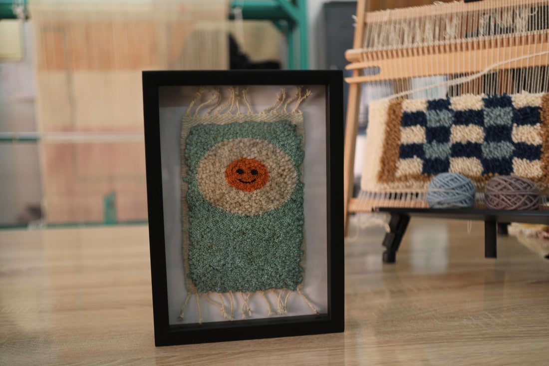 smiley sun rug, mint green moroccan rug, happy sun wall art, hand-knotted wool mini rug, boho framed decor, moroccan textile wall hanging, sun face rug, handmade knot by knot rug, moroccan home gift, 25x31 cm
