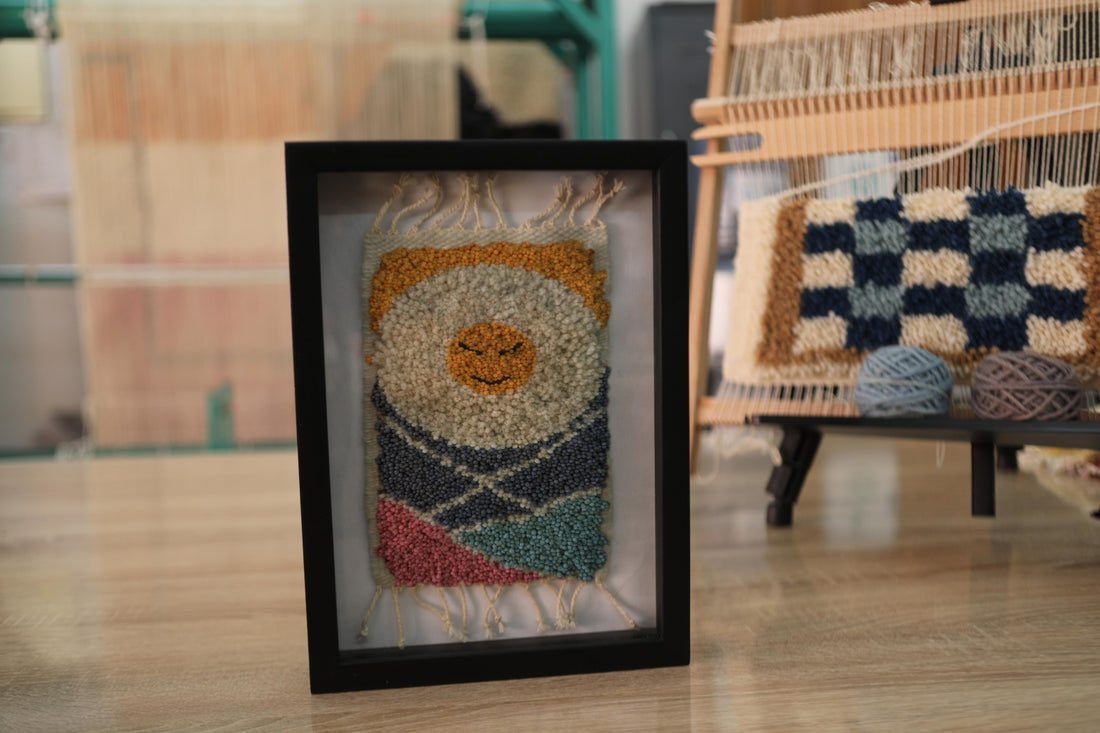 smiling sun rug, happy sun moroccan rug, mini wall decor, hand-knotted moroccan textile, sunrise wool art, colorful sun wall rug, boho home decor, framed wool rug, knot by knot rug art, 25x31 cm moroccan rug wall hanging

