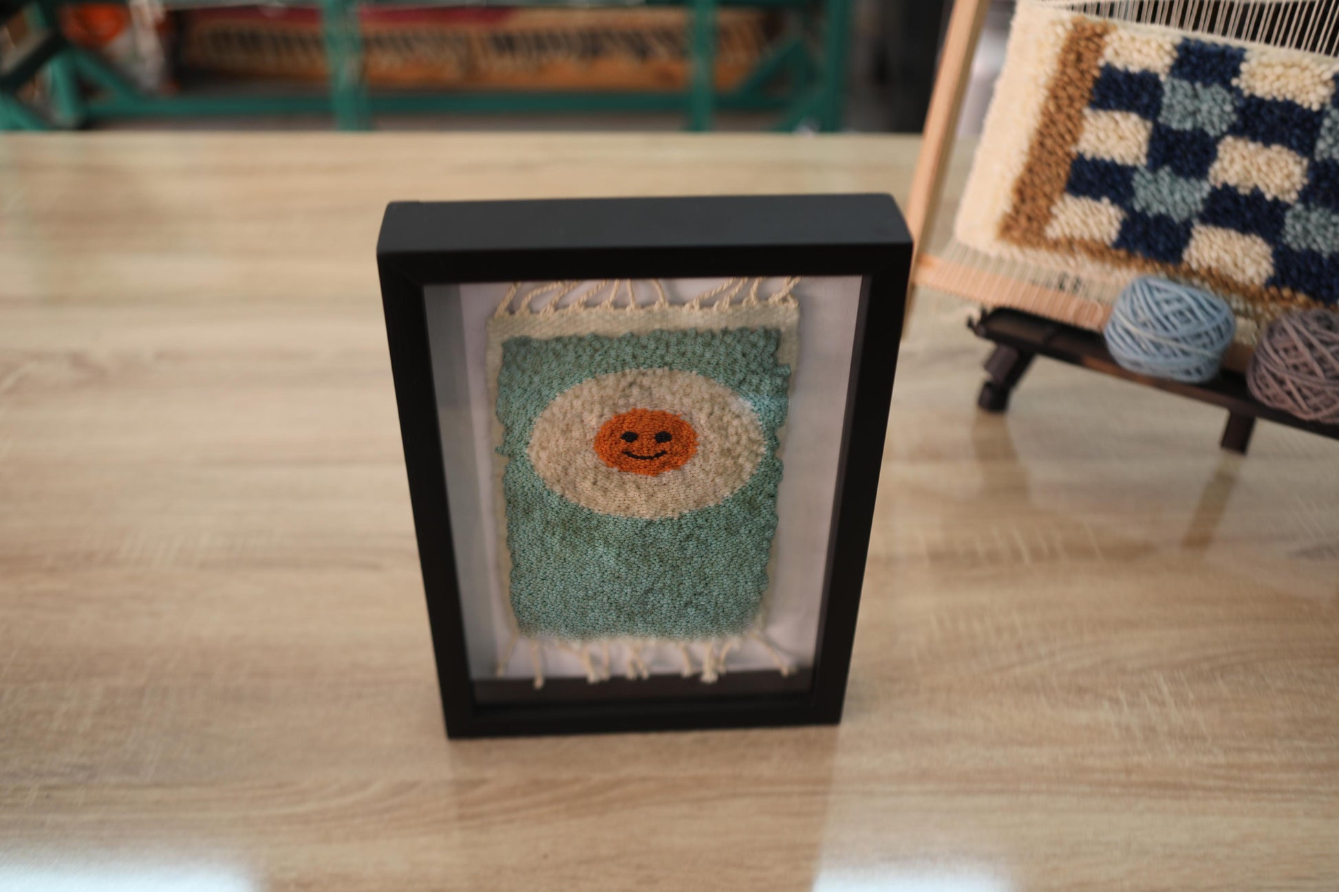 smiley sun rug, mint green moroccan rug, happy sun wall art, hand-knotted wool mini rug, boho framed decor, moroccan textile wall hanging, sun face rug, handmade knot by knot rug, moroccan home gift, 25x31 cm
