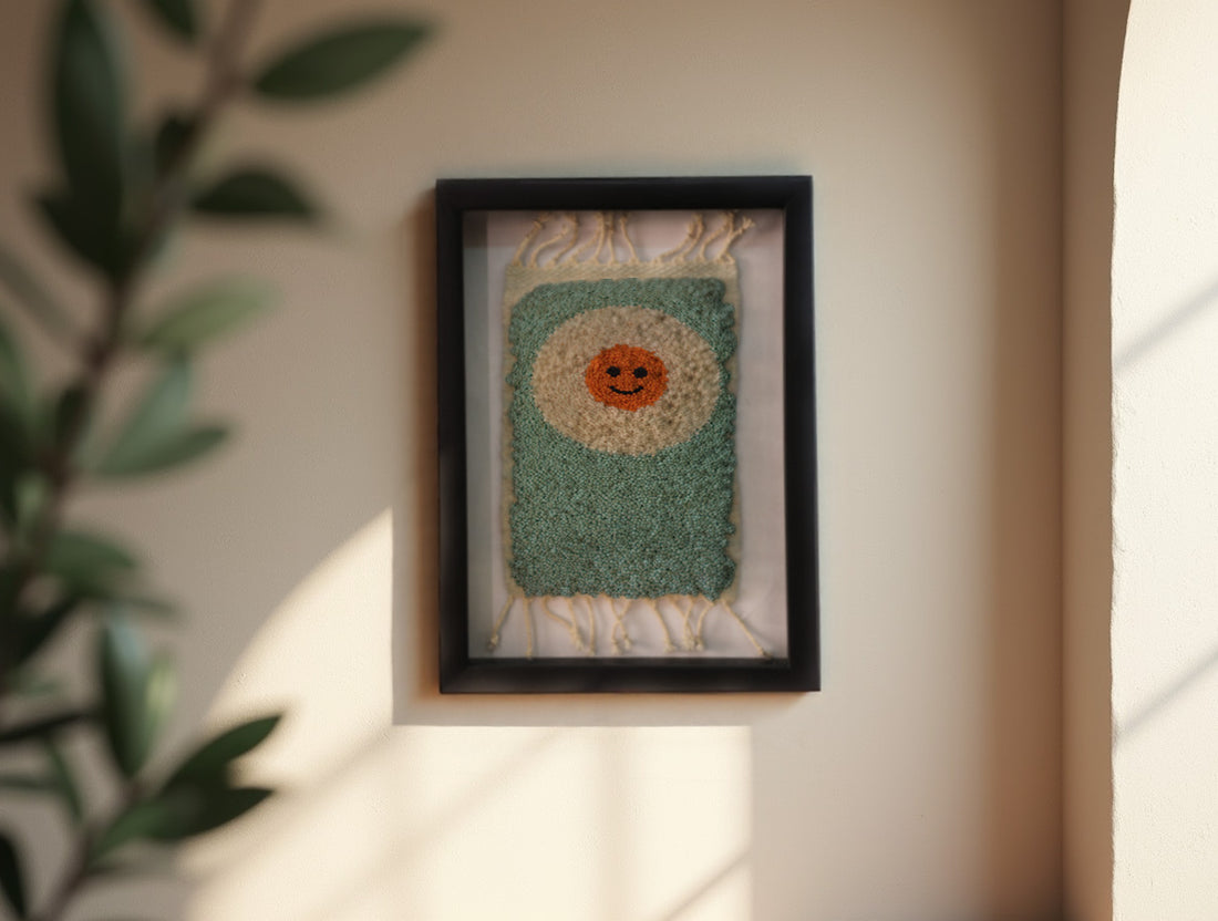 smiley sun rug, mint green moroccan rug, happy sun wall art, hand-knotted wool mini rug, boho framed decor, moroccan textile wall hanging, sun face rug, handmade knot by knot rug, moroccan home gift, 25x31 cm
