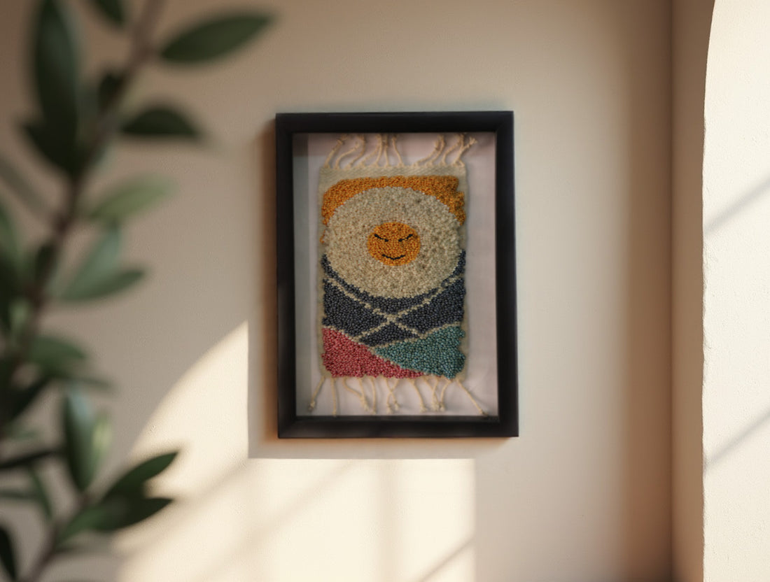 smiling sun rug, happy sun moroccan rug, mini wall decor, hand-knotted moroccan textile, sunrise wool art, colorful sun wall rug, boho home decor, framed wool rug, knot by knot rug art, 25x31 cm moroccan rug wall hanging
