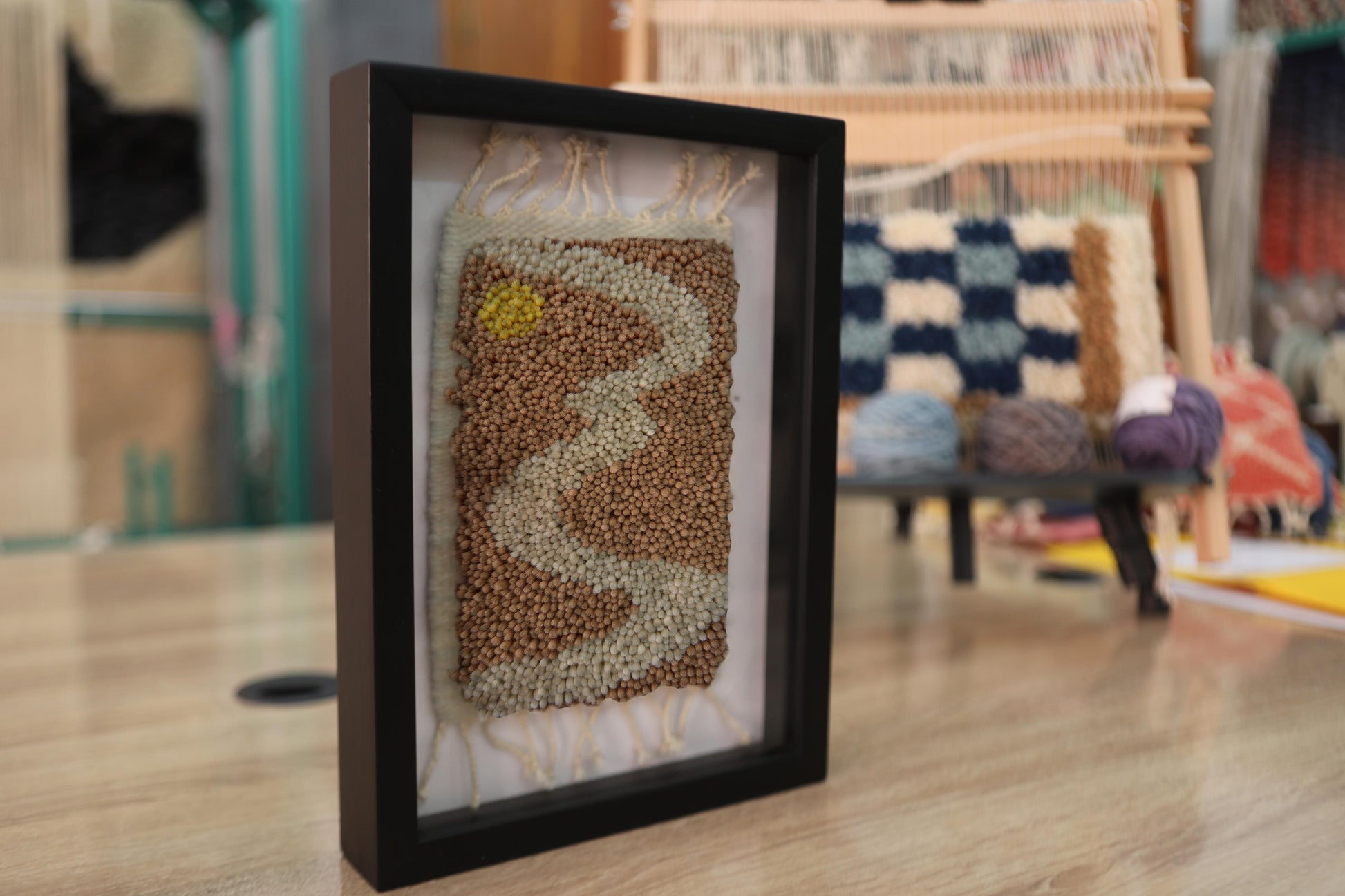 soft steam wall art, moroccan rug, sun design textile, hand knotted wool rug, handmade wall hanging, boho framed decor, wool art, knot by knot weaving, cafe art, kitchen wool piece, 25x31 cm
