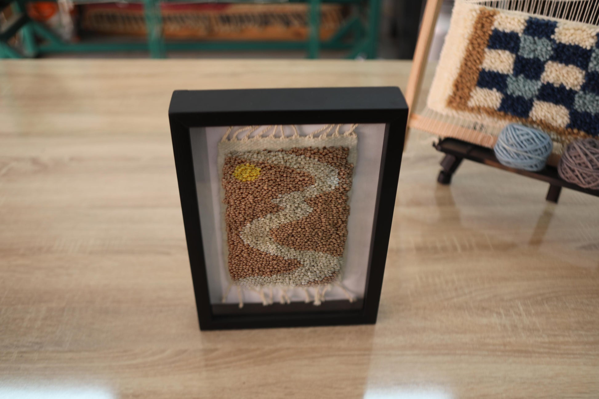 soft steam wall art, moroccan rug, sun design textile, hand knotted wool rug, handmade wall hanging, boho framed decor, wool art, knot by knot weaving, cafe art, kitchen wool piece, 25x31 cm
