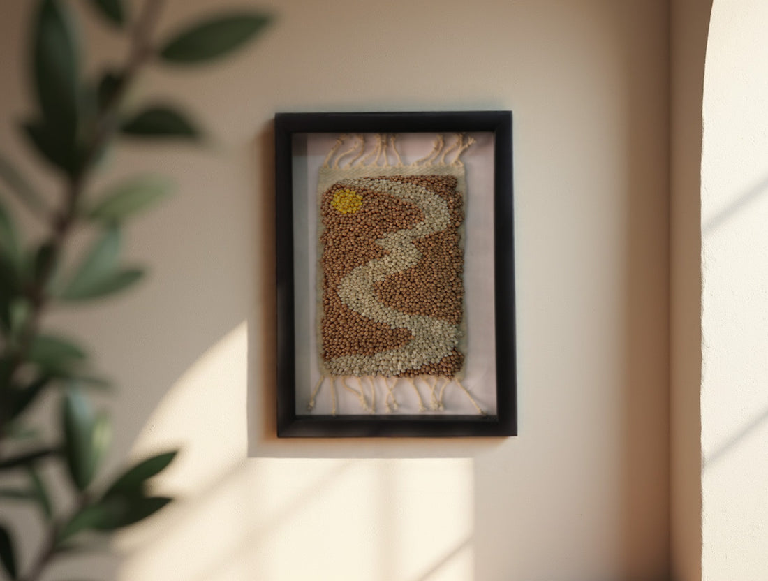 soft steam wall art, moroccan rug, sun design textile, hand knotted wool rug, handmade wall hanging, boho framed decor, wool art, knot by knot weaving, cafe art, kitchen wool piece, 25x31 cm
