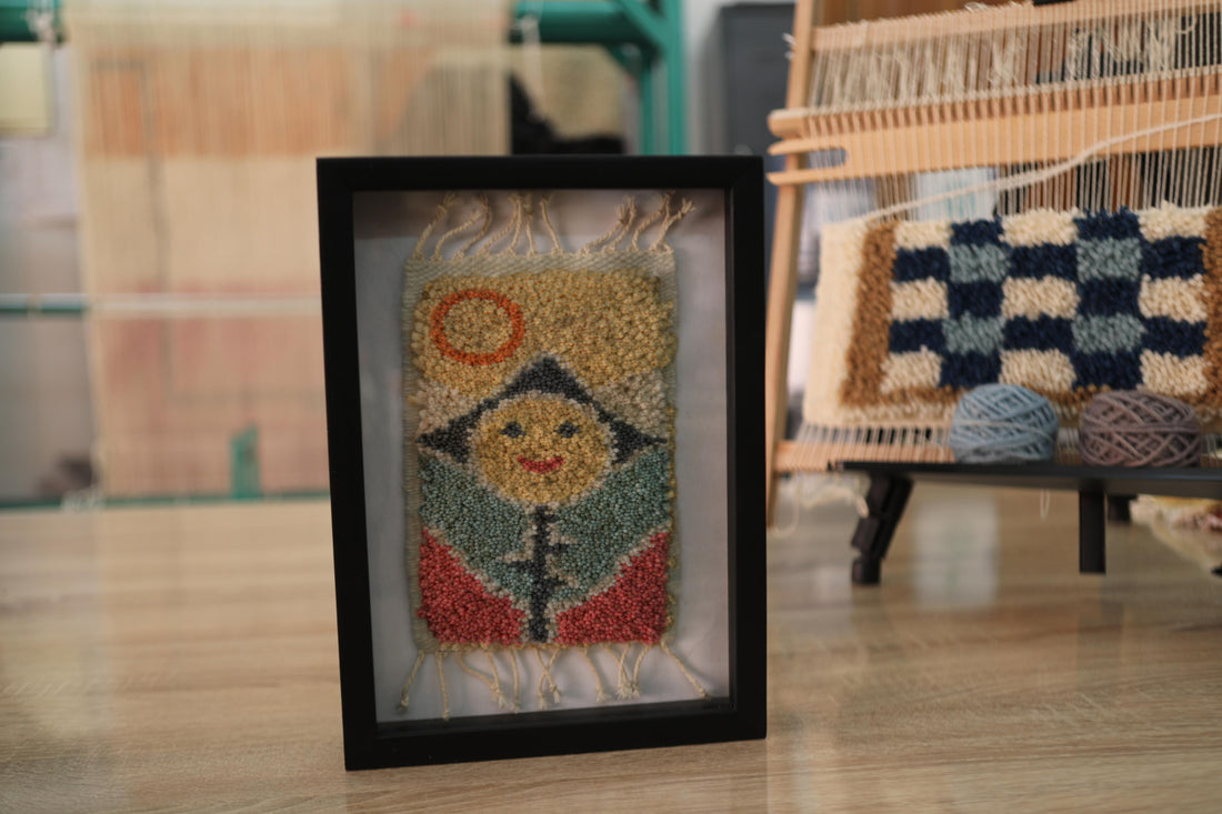 Sun & Smile Moroccan Rug Wall Art – Hand-Knotted Framed Textile (25x31 cm)