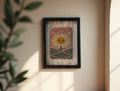 sunflower mini rug, hand-knotted moroccan rug, smiling flower wall art, moroccan wall decor, sunset textile art, mini wool rug, framed rug artwork, boho home decor, moroccan rug flower, knot by knot weaving, 25x31 cm handmade rug
