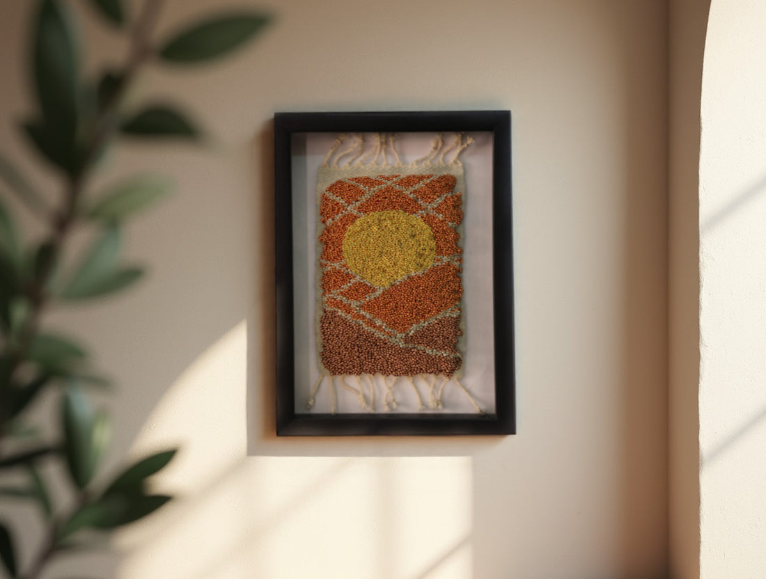 sun moroccan rug wall art, hand-knotted wool tapestry, framed mini rug, moroccan sun wall decor, boho wool art, desert sunset textile, artisan moroccan weaving, knot by knot rug, 25x31 cm mini wall rug, sunrise decor
