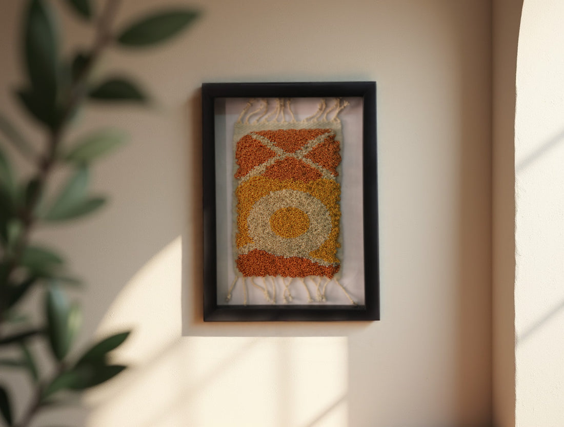 sun motif moroccan rug, framed moroccan wall art, hand-knotted wool rug, small moroccan rug artwork, knot by knot rug, bohemian wall decor, moroccan textile art, orange and yellow mini rug, 25x31 cm rug wall hanging, artisan moroccan wool tapestry
