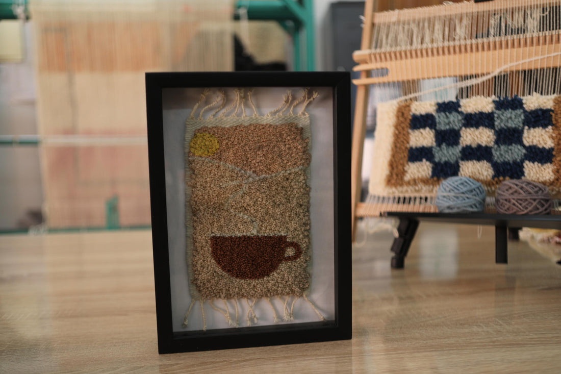 sunrise coffee wall art, moroccan rug, hand knotted wool rug, morning coffee textile, handmade wall hanging, kitchen decor, boho coffee art, knot by knot weaving, wool coffee cup art, 25x31 cm framed rug

