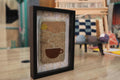 sunrise coffee wall art, moroccan rug, hand knotted wool rug, morning coffee textile, handmade wall hanging, kitchen decor, boho coffee art, knot by knot weaving, wool coffee cup art, 25x31 cm framed rug
