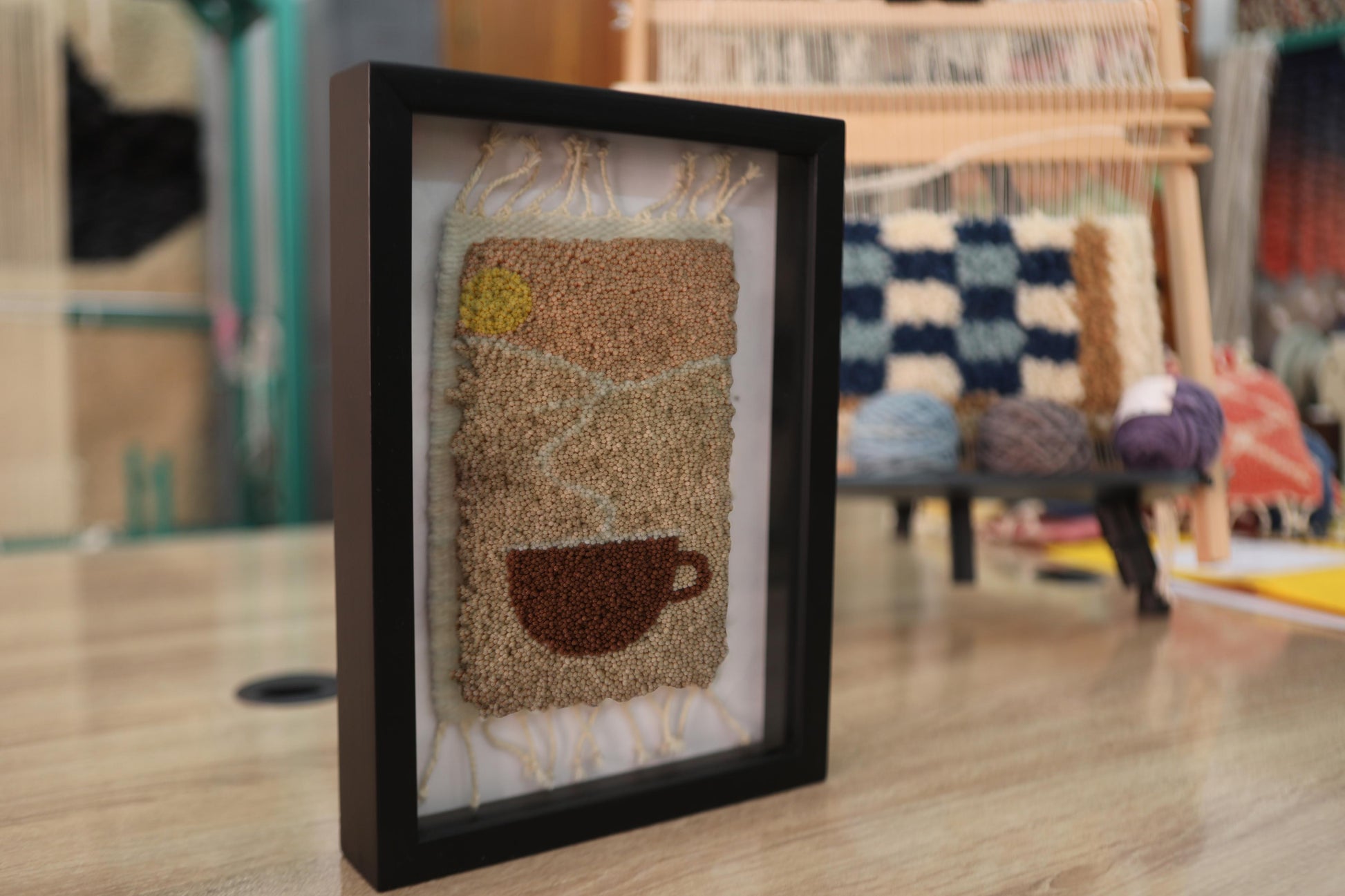 sunrise coffee wall art, moroccan rug, hand knotted wool rug, morning coffee textile, handmade wall hanging, kitchen decor, boho coffee art, knot by knot weaving, wool coffee cup art, 25x31 cm framed rug
