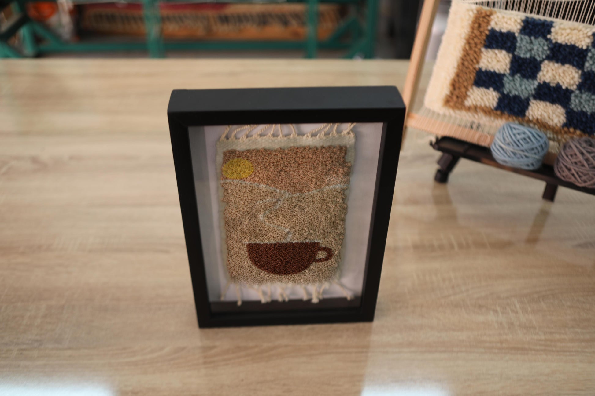 sunrise coffee wall art, moroccan rug, hand knotted wool rug, morning coffee textile, handmade wall hanging, kitchen decor, boho coffee art, knot by knot weaving, wool coffee cup art, 25x31 cm framed rug
