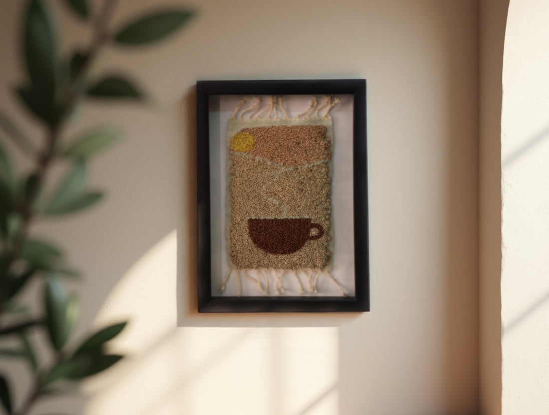 sunrise coffee wall art, moroccan rug, hand knotted wool rug, morning coffee textile, handmade wall hanging, kitchen decor, boho coffee art, knot by knot weaving, wool coffee cup art, 25x31 cm framed rug
