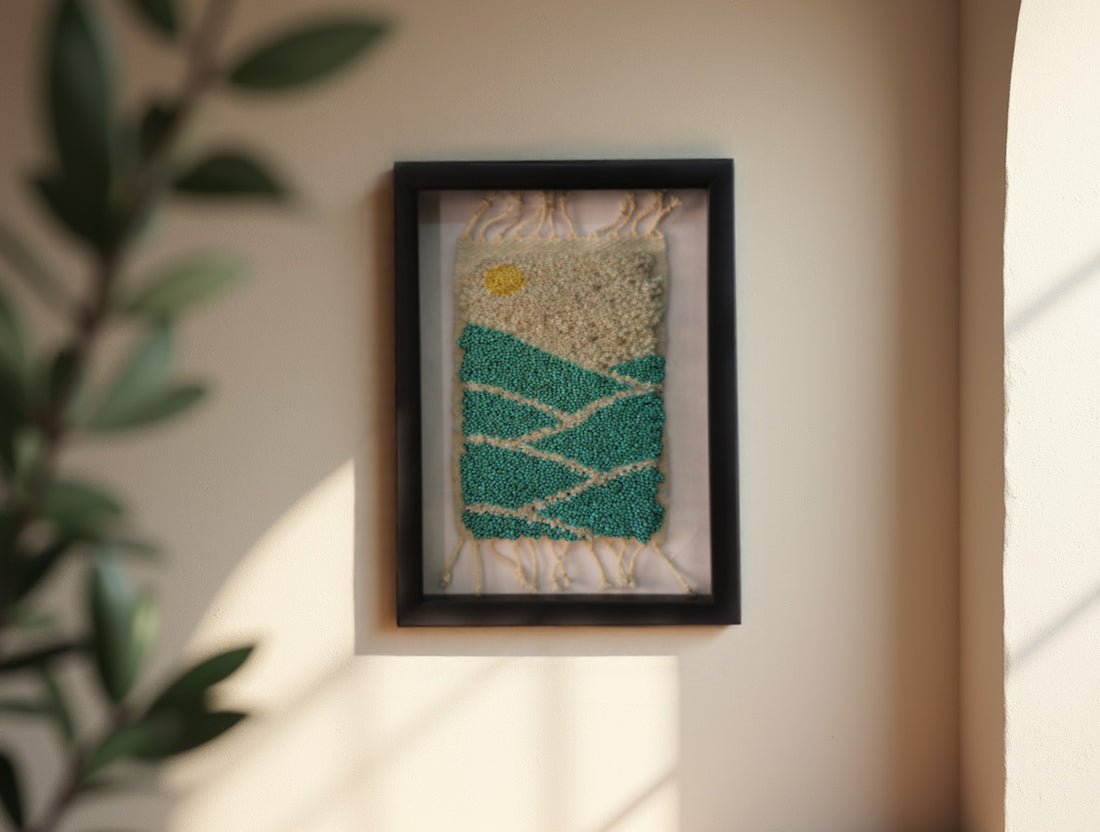 sunrise rug, moroccan rug, mountain landscape wall art, yellow sun wool tapestry, framed textile art, green hills rug, knot by knot weaving, moroccan decor wall hanging, wool framed rug, artisan moroccan rug design
