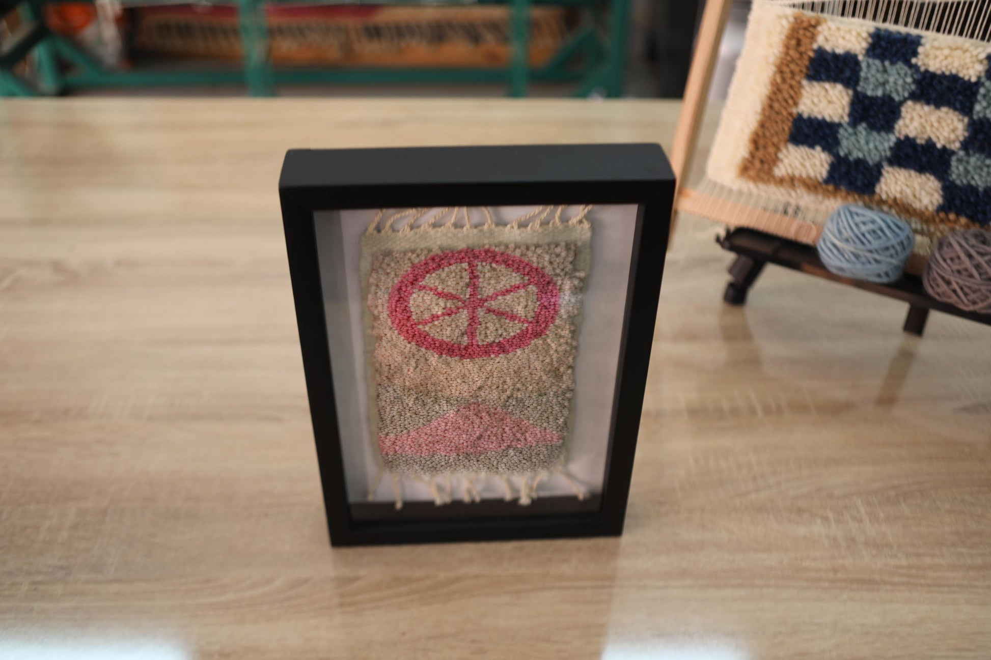 sun rug, moroccan rug, sunrise textile art, hand-knotted wall hanging, boho wool rug, knot by knot, framed rug art, mini moroccan tapestry, wool art decor, 25x31 cm
