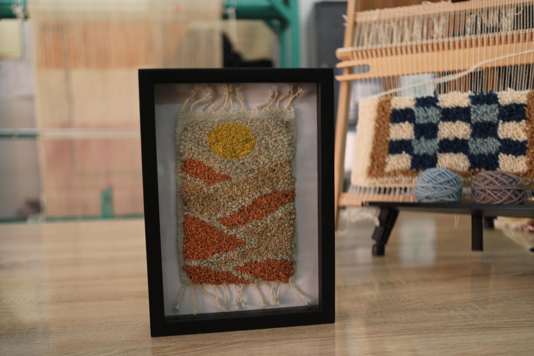 sunset dunes moroccan rug, framed moroccan textile art, handmade knot by knot rug, moroccan wall hanging, mini wool rug 25x31 cm, desert art moroccan rug, orange beige rug, artisan rug decor, boho framed weaving, contemporary moroccan craft
