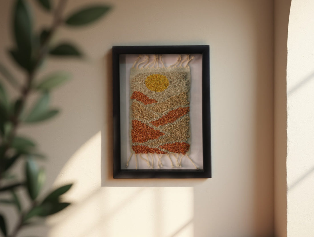sunset dunes moroccan rug, framed moroccan textile art, handmade knot by knot rug, moroccan wall hanging, mini wool rug 25x31 cm, desert art moroccan rug, orange beige rug, artisan rug decor, boho framed weaving, contemporary moroccan craft
