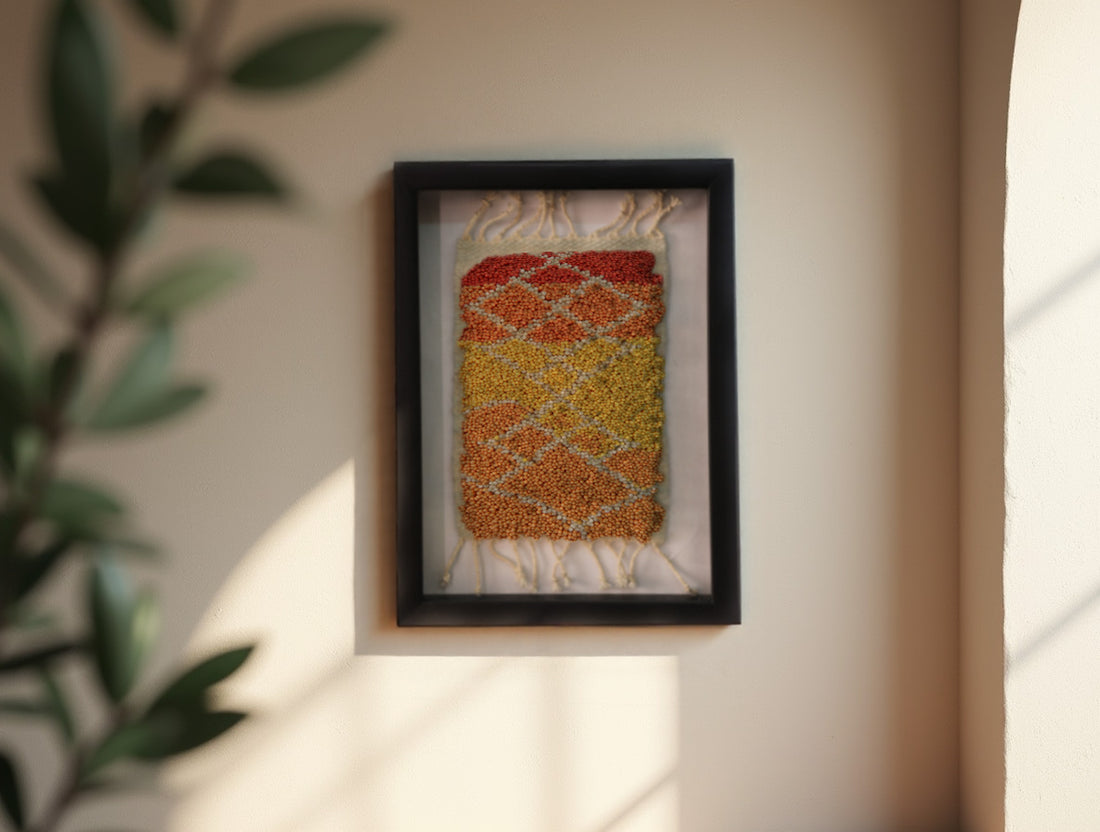 sunset moroccan rug, framed moroccan wall art, diamond moroccan tapestry, boho home decor, hand knotted mini rug, warm color moroccan textile, knot by knot wool art, moroccan rug 25x31 cm, artisanal wool wall hanging, orange yellow red rug art
