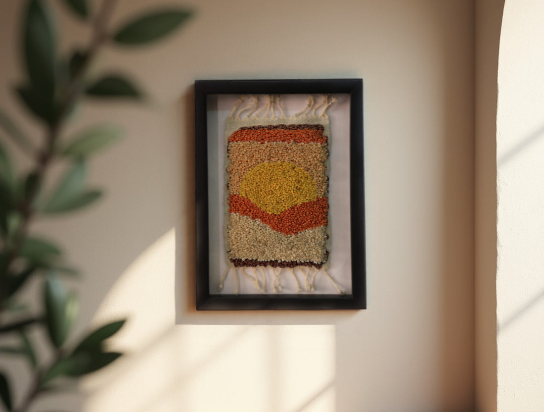 sunset moroccan rug art, moroccan mini rug, hand knotted wall hanging, framed rug decor, abstract sun textile, boho rug wall art, earth tone moroccan rug, artisanal wool weaving, moroccan rug knot by knot, 25x31 cm framed rug