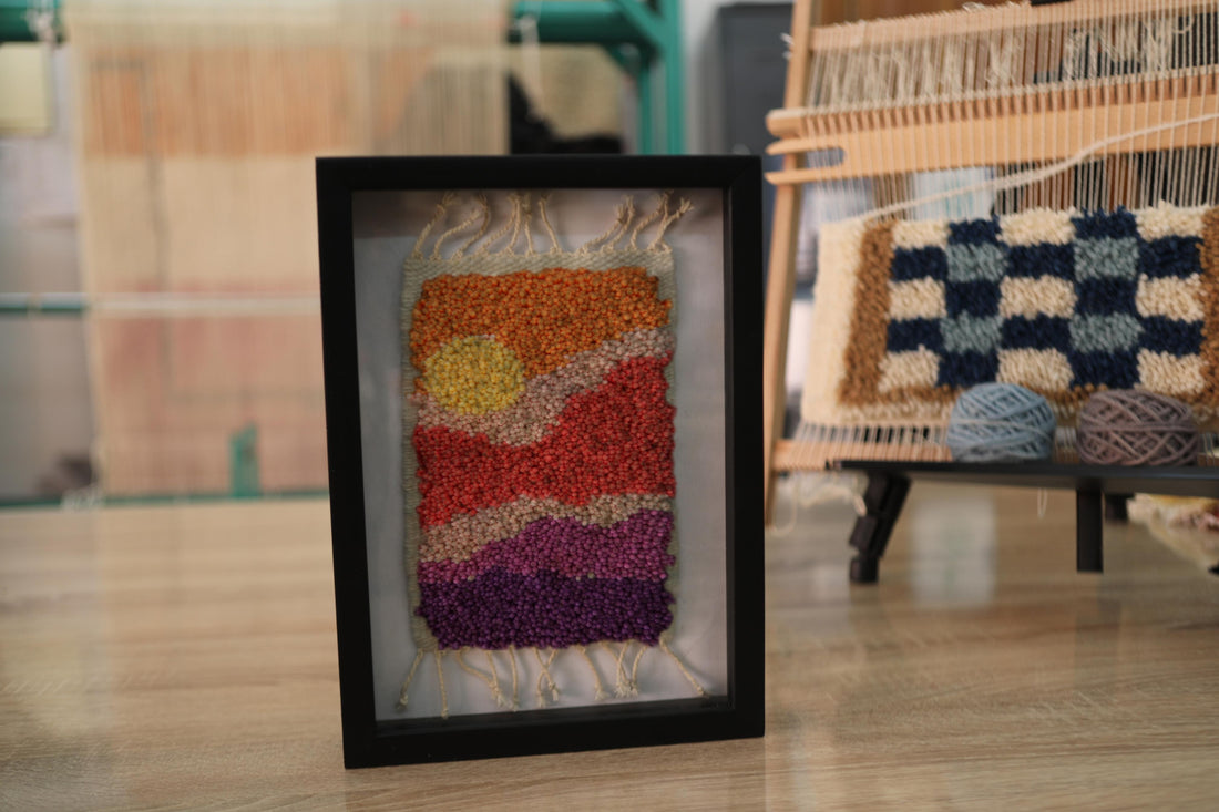sunset rug, moroccan rug, wool wall art, hand knotted mini tapestry, framed wool rug, colorful sunset decor, boho wall hanging, knot by knot rug, small moroccan rug, 25x31 cm wall piece
