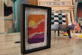 sunset rug, moroccan rug, wool wall art, hand knotted mini tapestry, framed wool rug, colorful sunset decor, boho wall hanging, knot by knot rug, small moroccan rug, 25x31 cm wall piece
