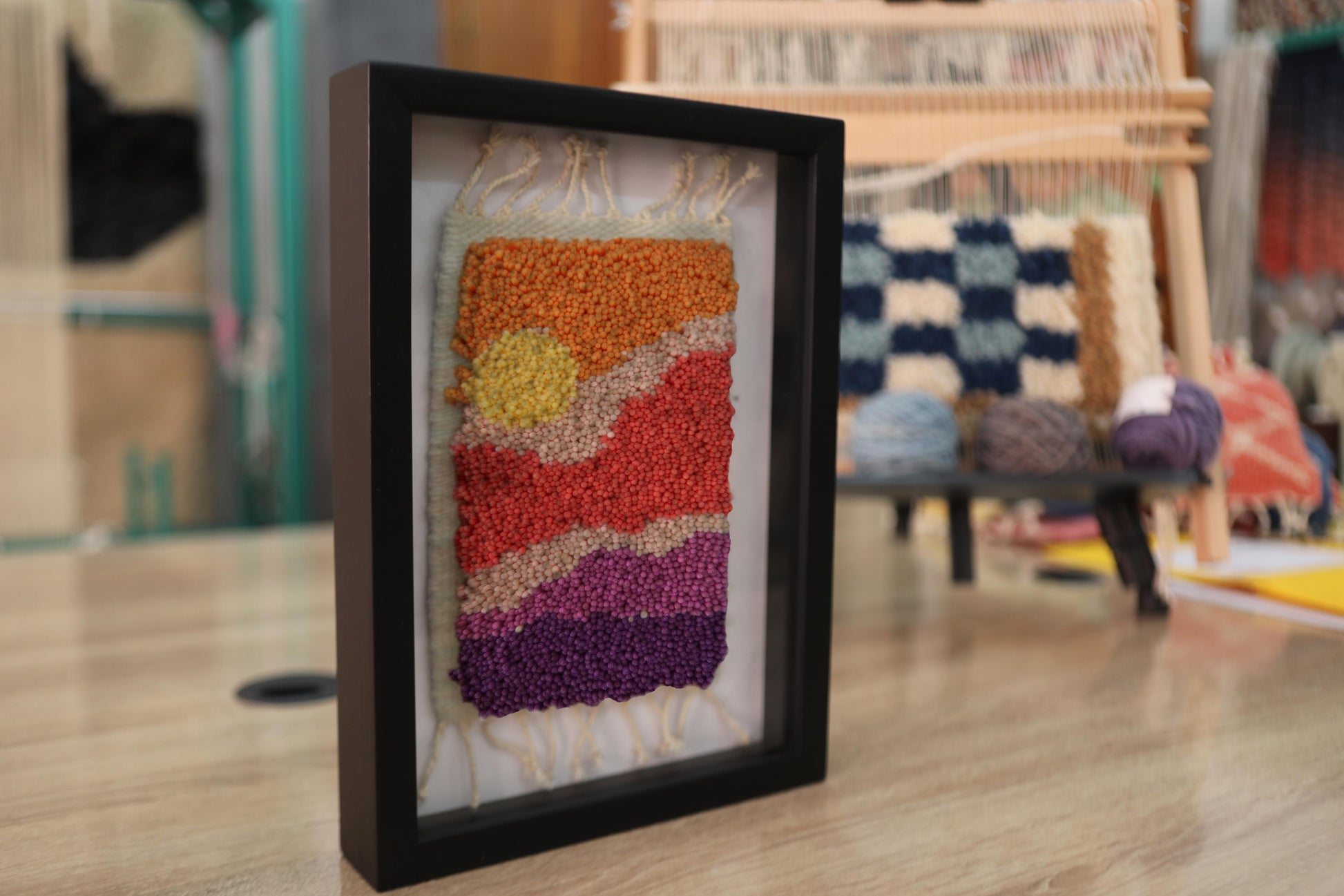 sunset rug, moroccan rug, wool wall art, hand knotted mini tapestry, framed wool rug, colorful sunset decor, boho wall hanging, knot by knot rug, small moroccan rug, 25x31 cm wall piece
