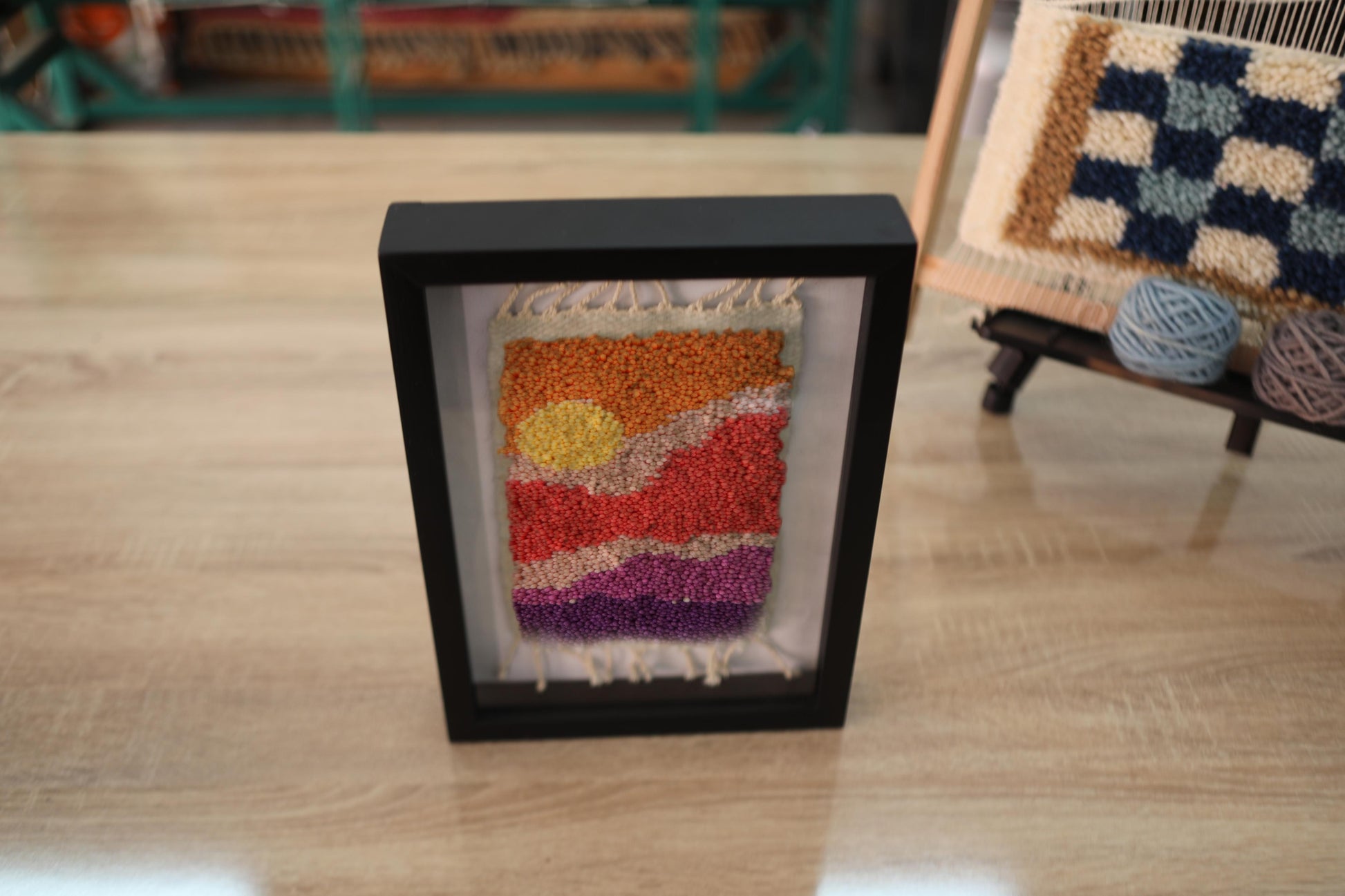 sunset rug, moroccan rug, wool wall art, hand knotted mini tapestry, framed wool rug, colorful sunset decor, boho wall hanging, knot by knot rug, small moroccan rug, 25x31 cm wall piece
