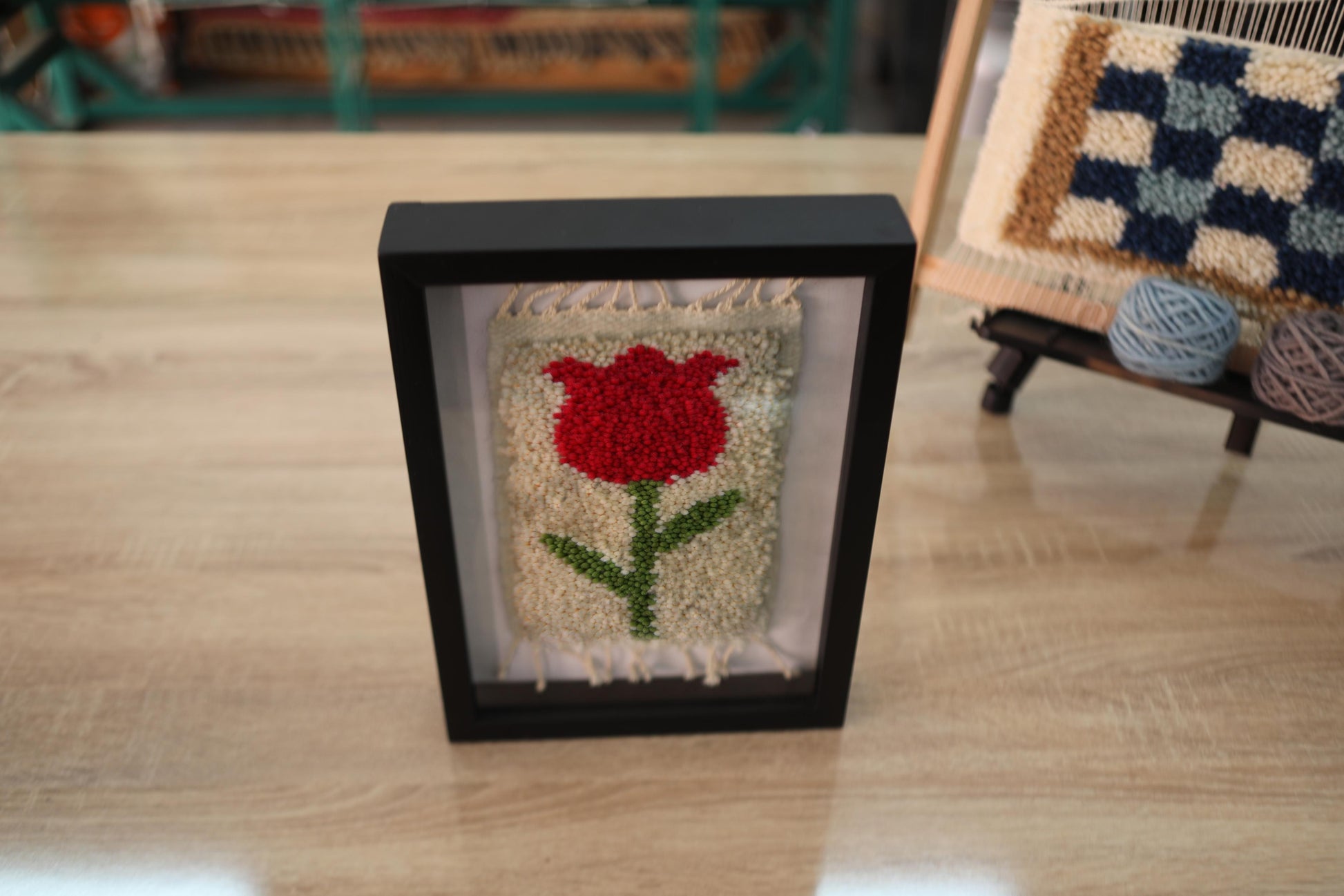 tulip rug wall art, red tulip moroccan rug, hand knotted wool art, framed floral moroccan textile, minimalist tulip decor, wool flower tapestry, knot by knot tulip rug, 25x31 cm wall hanging, modern tulip wall piece
