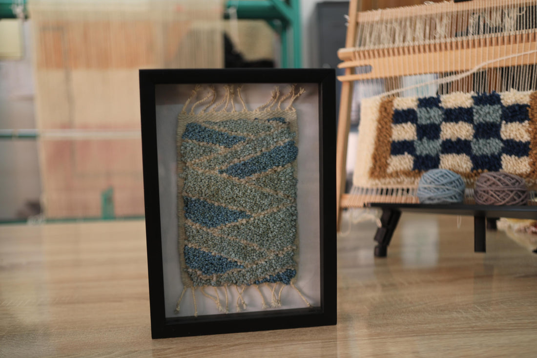 zigzag moroccan rug, blue wool wall art, framed handmade rug, knot by knot textile, small moroccan rug artwork, 25x31 cm framed rug, geometric boho decor, artisan moroccan weaving

