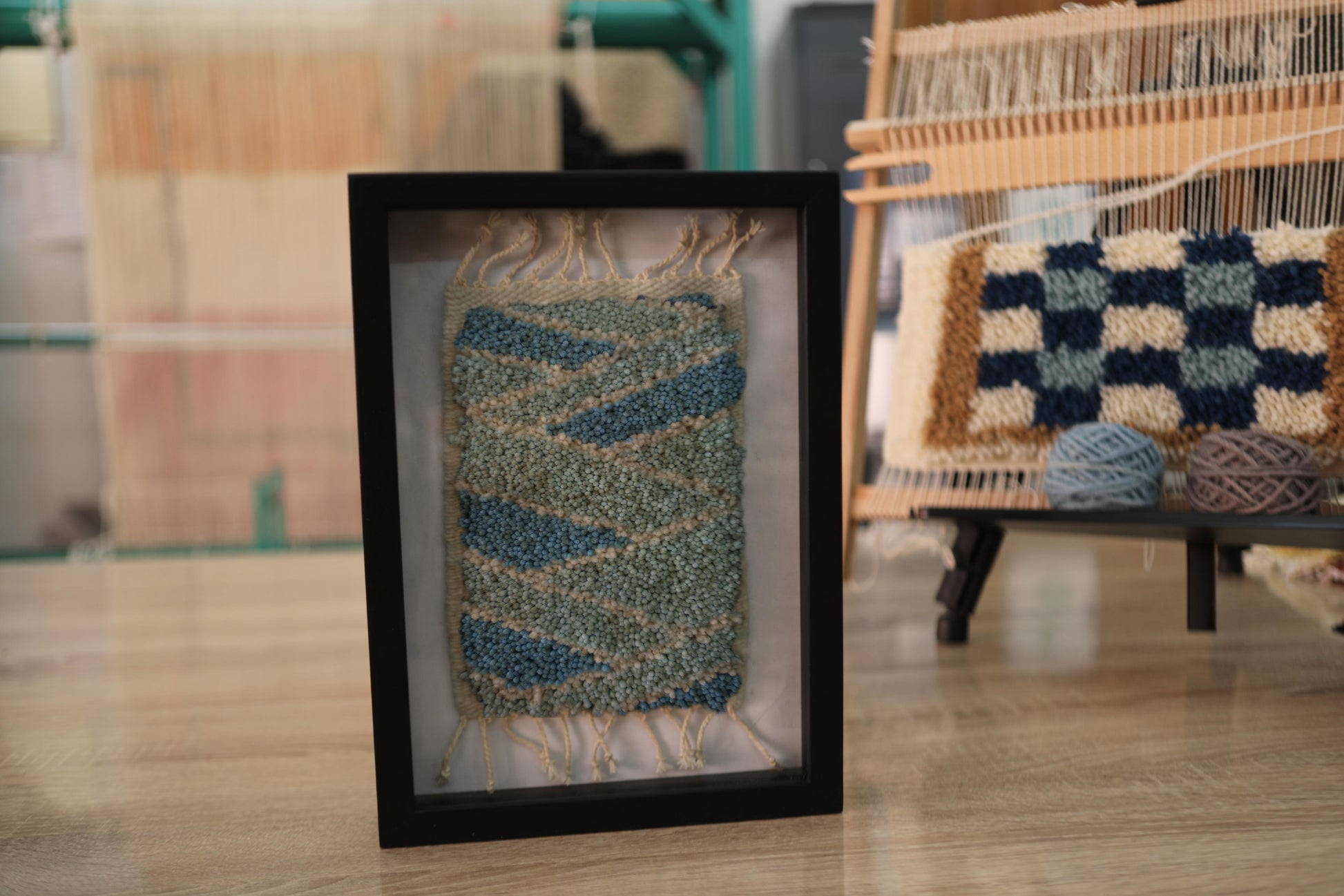zigzag moroccan rug, blue wool wall art, framed handmade rug, knot by knot textile, small moroccan rug artwork, 25x31 cm framed rug, geometric boho decor, artisan moroccan weaving
